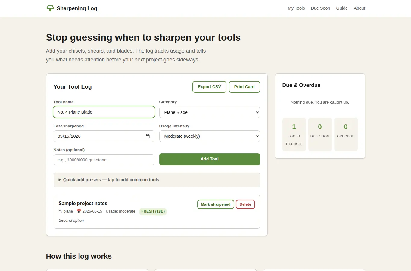 Screenshot of Tool Sharpening Log interface showing the project page in use